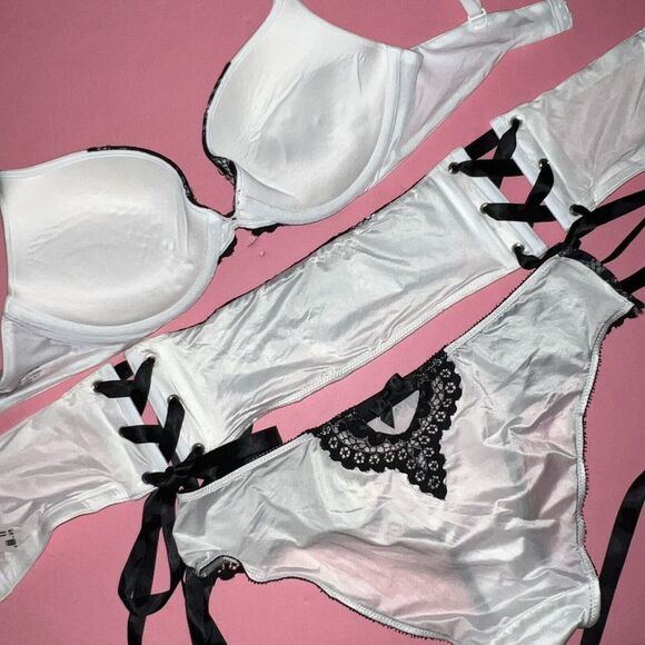 Victoria's Secret 34C BRA SET+cincher Belt WHITE BLACK BEAD EMBELLISH STARLIGHT - Picture 6 of 9